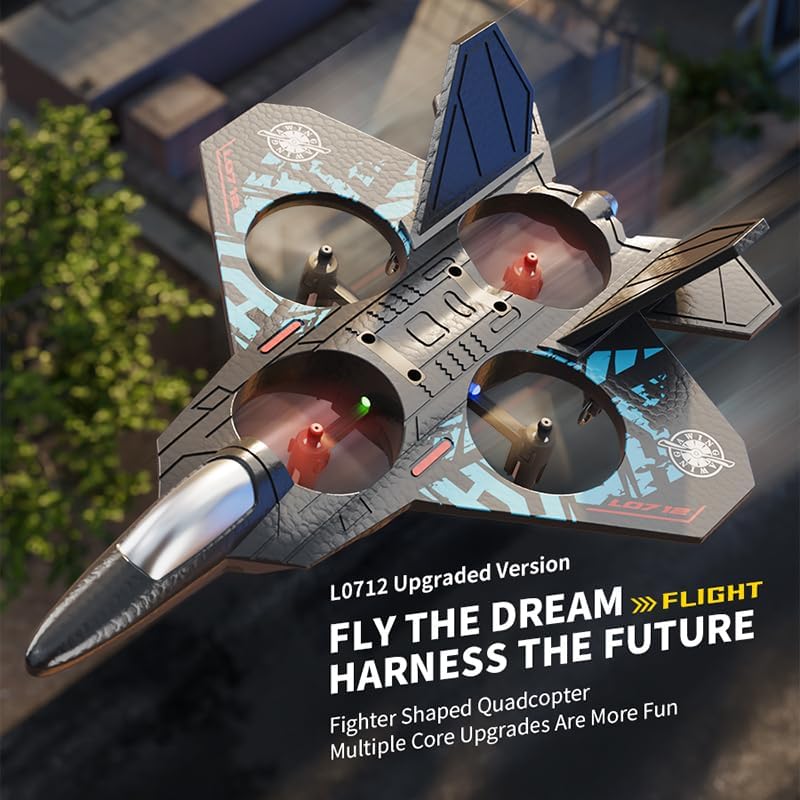 Fighter-shaped quadcopter with text 'Fly the Dream, Harness the Future' on a blurred background