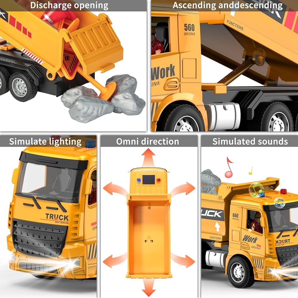 6 Channel Rechargeable Remote Control RC Dumper Dump Truck with Working Head Light, Sound Effect and Demo Mode Construction Truck Toy