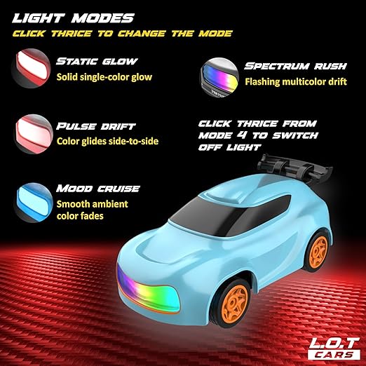 Toy car with light modes displayed on a black background table top and drift car