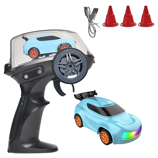 Toy remote control car set with transmitter, car, and traffic cones on a white background