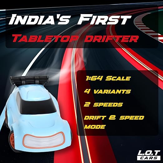 Tabletop drifter car with racing track graphic and text about product features.