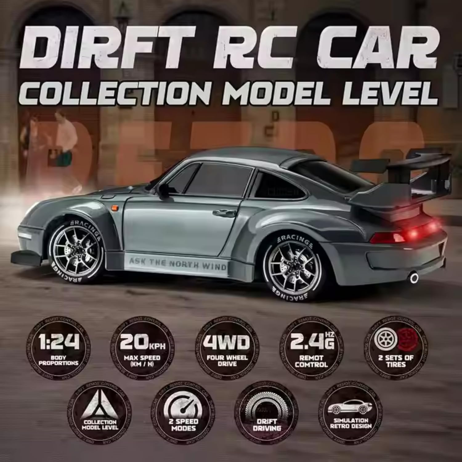 Porsche Drift Car 1:24 Scale,2.4Ghz Remote Control,4WD,20Km/Hr Max Speed,2 Speed Modes,1 Batteries,Multicolour