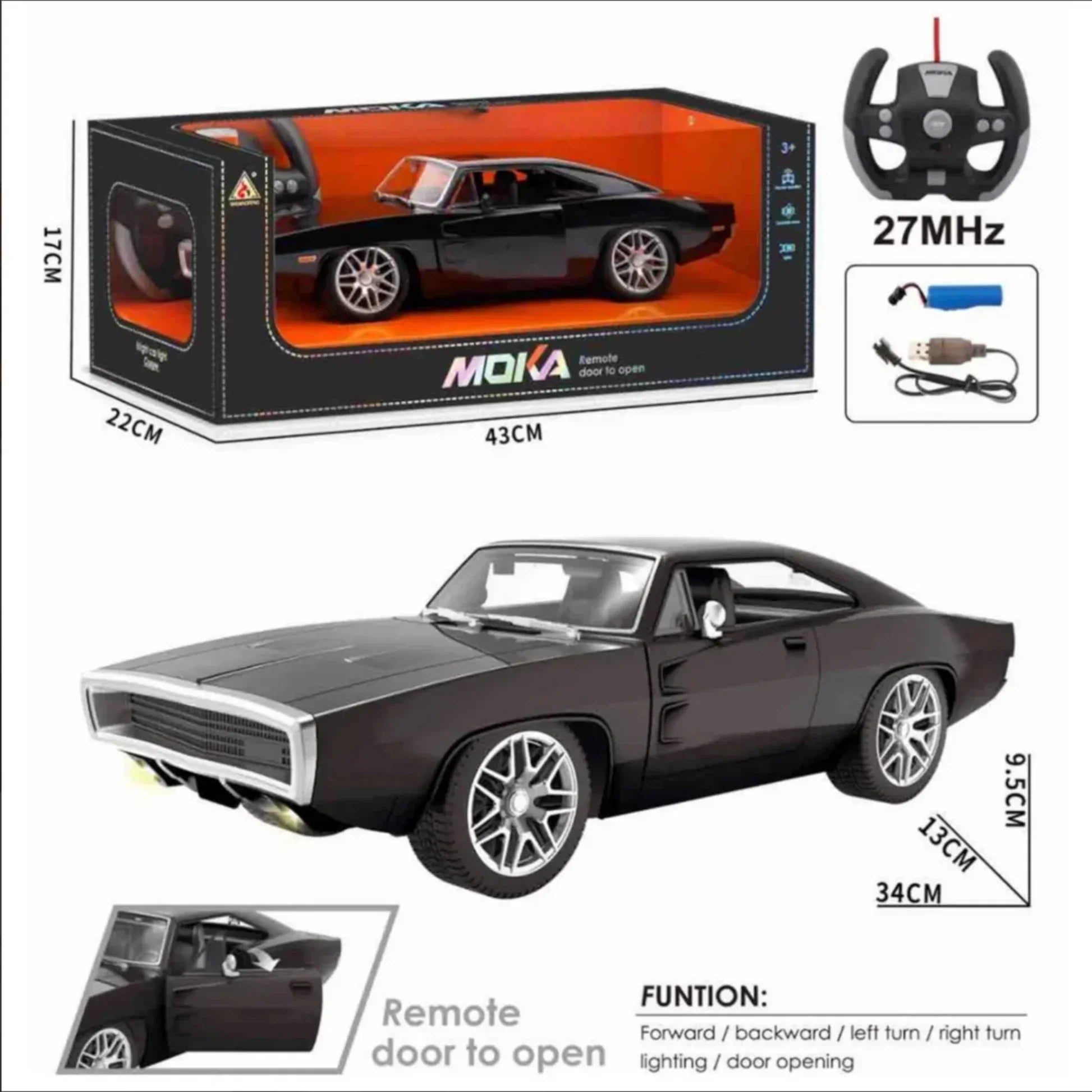 Moka Remote Control High Speed Toy Muscle Cars Fast & Furious Glossy Black Lights and Door Open Feature