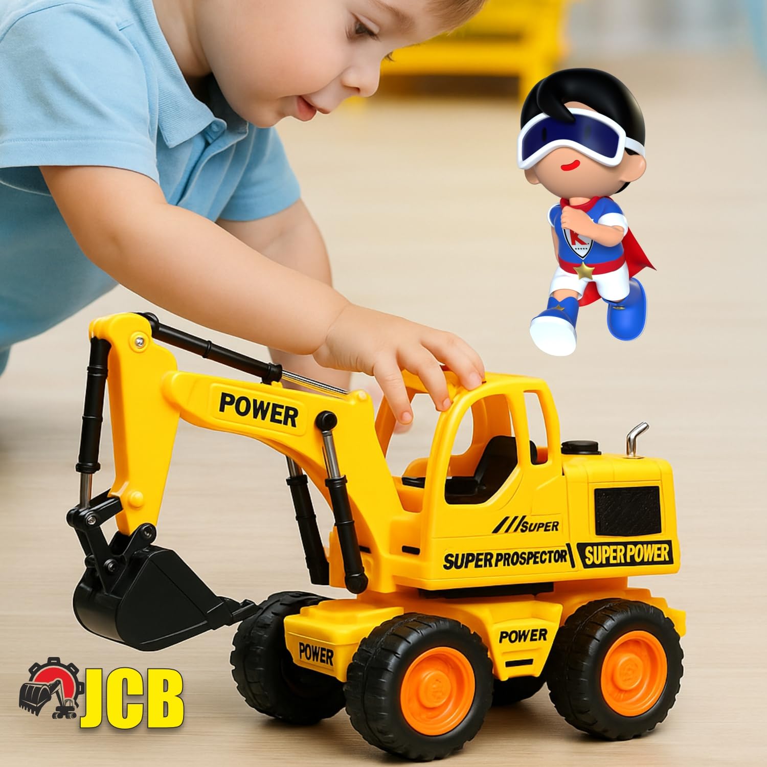 Wired Remote Control JCB Excavator Toy Truck, Construction Shovel Loader with 360° Rotation, Full-Function Steering & Working Bucket, Durable ABS, Rubber Tyres – Yellow