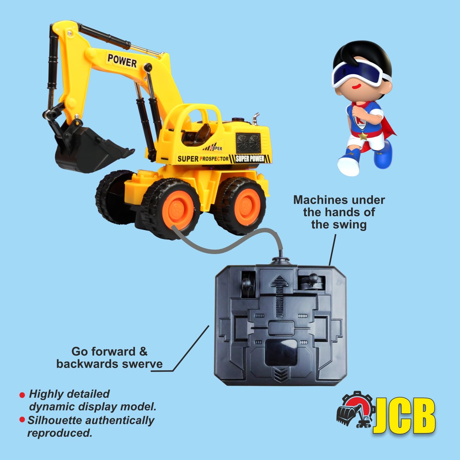 Wired Remote Control JCB Excavator Toy Truck, Construction Shovel Loader with 360° Rotation, Full-Function Steering & Working Bucket, Durable ABS, Rubber Tyres – Yellow
